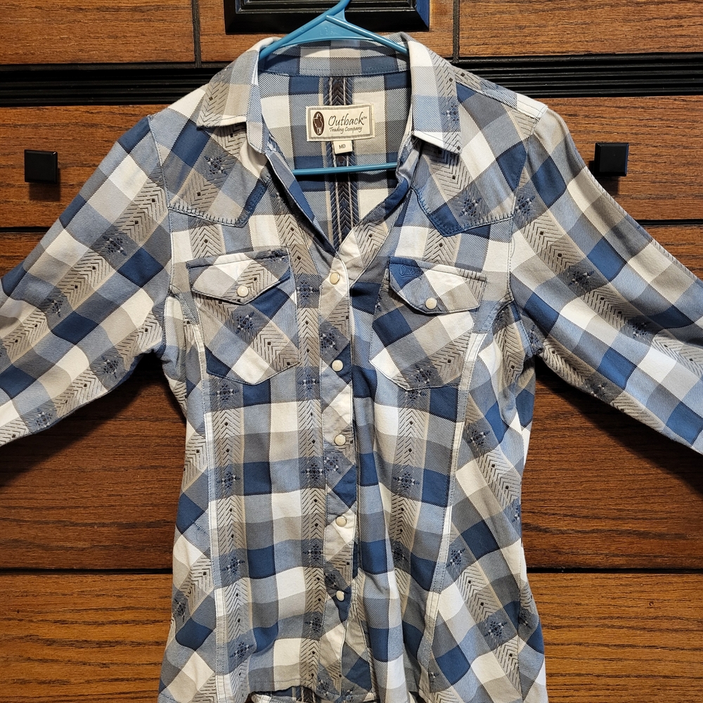 Outback Trading Company Blue Plaid Pearl Snap Shirt for Women